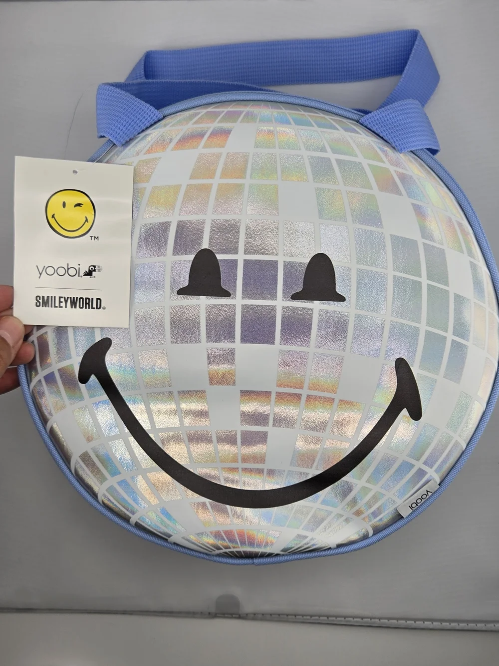 NWT Yoobi x SmileyWorld Disco Ball Lunch Bag Blue Holographic
